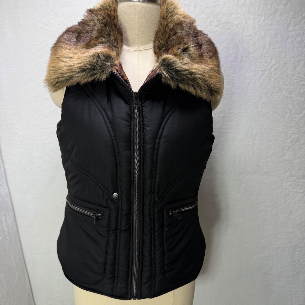 KC Collections Black Puffer Vest Faux Fur Collar Leopard Lining Womens Medium